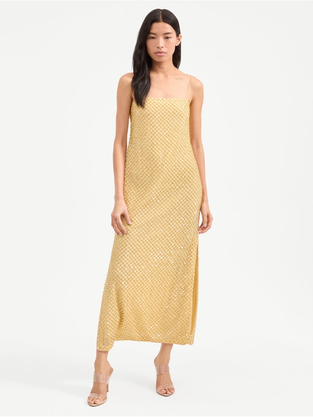 Veronica Beard Yellow Beaded Spaghetti-Strap Dress